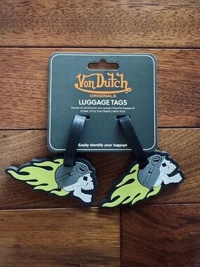 Von Dutch Black & Lime Skull Flame Luggage Tags - Pair